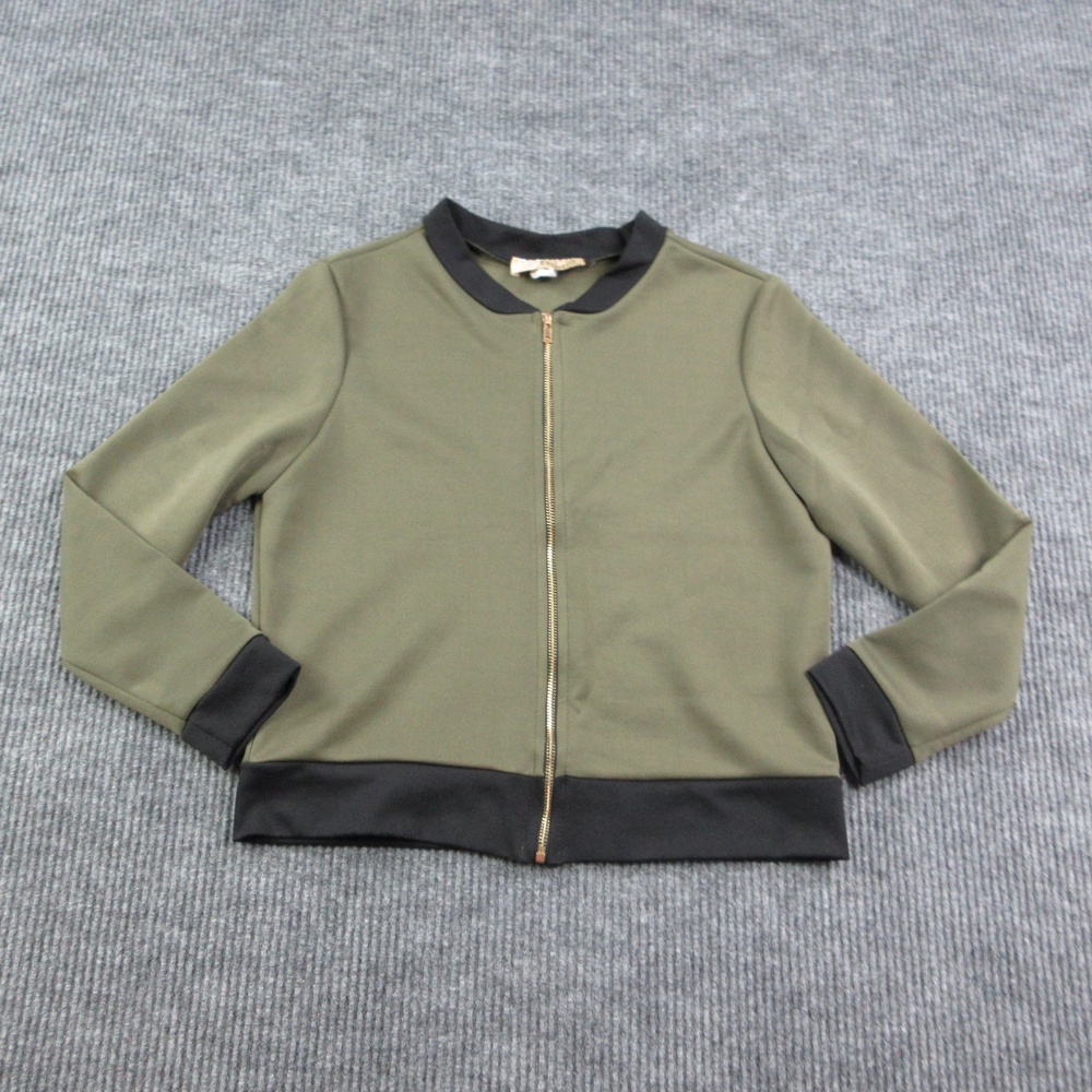 Hybrid & Company Jacket Womens L Green Bomber Full Zip Ribbed Trim Short Poly